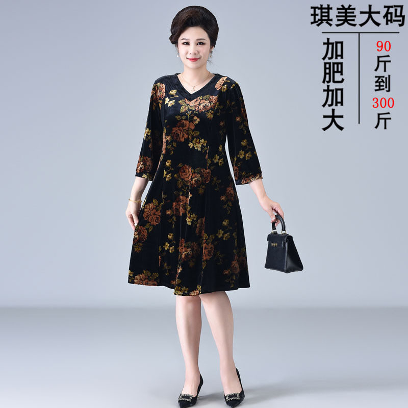 春秋装V领丝绒连衣裙230斤妈妈