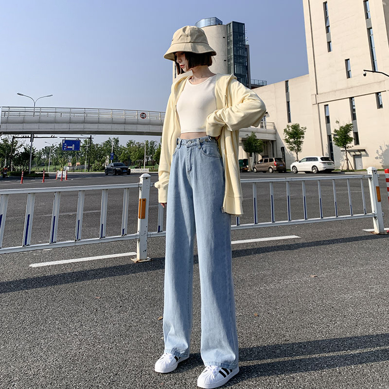 秀黛大码棉质直筒牛仔裤高腰可调节阔腿裤【不退不换