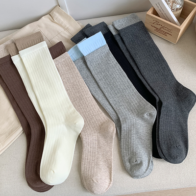 秋冬竖条纹灰色拼接堆堆袜纯棉