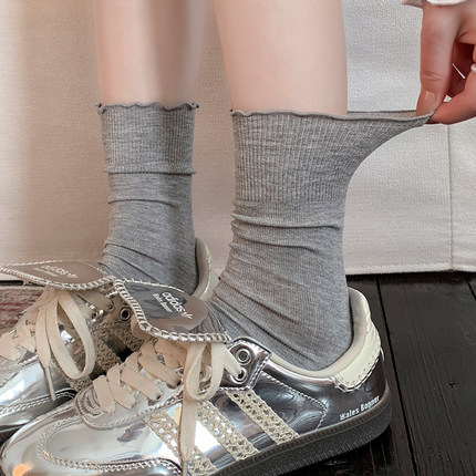 木耳边灰色袜子女中筒袜堆堆袜夏花边袜子薄款夏季棉女款袜子春夏