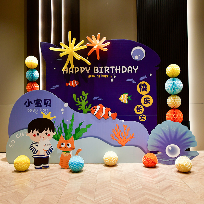卡通海洋主题生日kt板布置背景墙图片