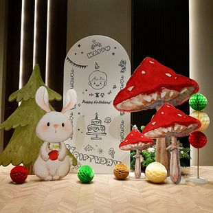 兔子蘑菇男女孩百天生日布置背景kt板兔宝宝家里场景装 饰气球定制