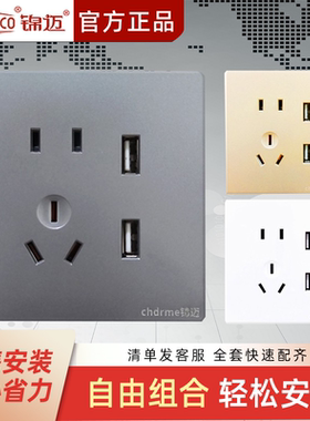 锦迈灰色开关面板 双USB插座2A大电流手机充电五孔暗装86型家用白