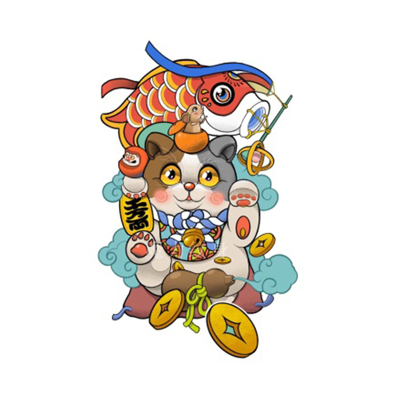 魔力  原创招财猫纹身贴防水持久少女心网红可爱卡通花臂贴纸逼真