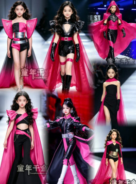 儿童走秀潮服女童黑粉漆皮个性酷飒玫红色模特比赛PK赛服演出服