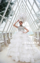 出租出售高端定制儿童走秀礼服女童白色婚纱大拖尾模特生日蓬蓬裙
