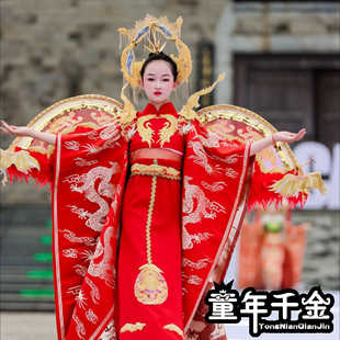 出租儿童走秀礼服女童高端红色龙图案中国风新中式新国风修身旗袍