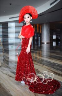 儿童鱼尾裙女童修身大红色礼服裙模特走秀主持钢琴走红毯颁奖礼服