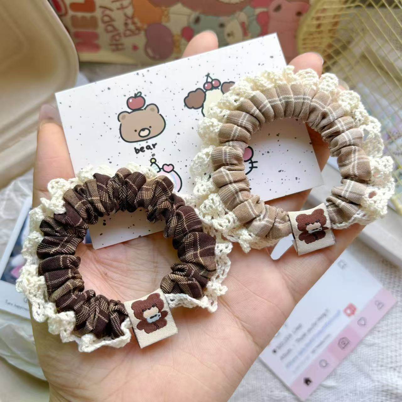 秋冬韩版咖色系小熊标花边发圈ins少女高弹蕾丝发绳甜美百搭发饰