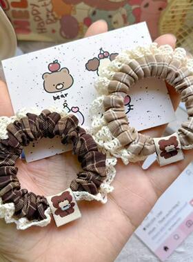 秋冬韩版咖色系小熊标花边发圈ins少女高弹蕾丝发绳甜美百搭发饰