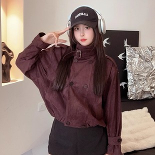 安哥拉红鹿皮绒短款夹克风衣外套女2025春季新款时髦气质立领上衣