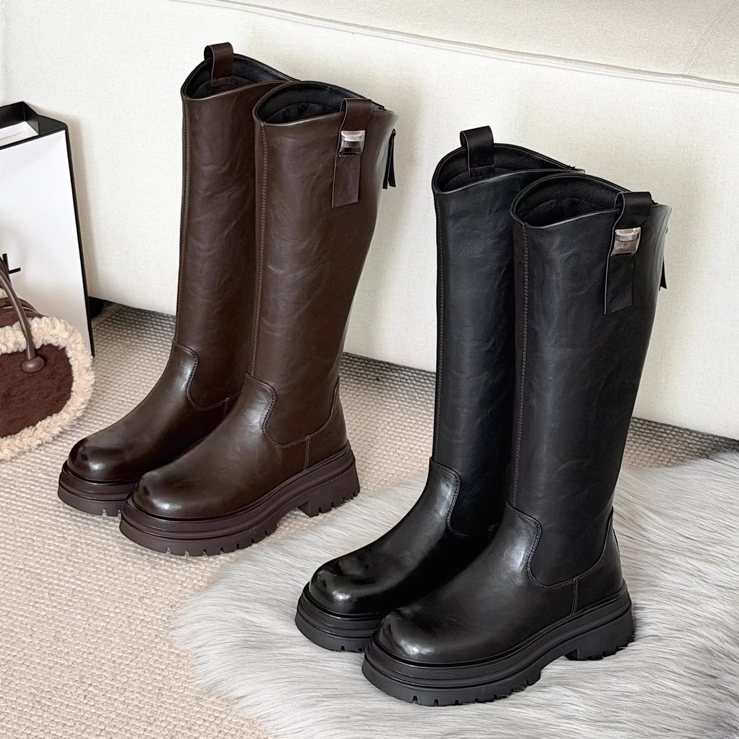 2025冬季新款真皮厚底骑士靴女加绒保暖棉鞋百搭时尚休闲长筒靴潮