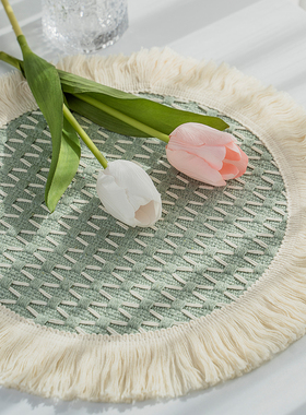 ins风餐垫棉麻编织吸水隔热杯垫透气流苏桌布餐具垫圆形清新绿色