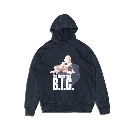 美潮街头休闲BIG说唱歌手印花水洗做旧连帽宽松落肩卫衣