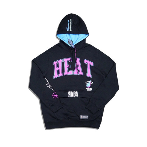 美潮街头高克重篮球联盟迈阿密热火字母印花刺绣连帽套头卫衣