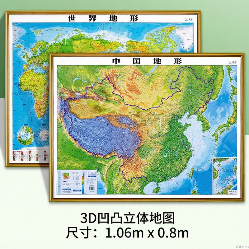 【2张】世界中国地形图约1.06*0.8米大尺寸3d精雕凹凸立体地形图 办公室挂图墙贴三维学生地理用北斗地图