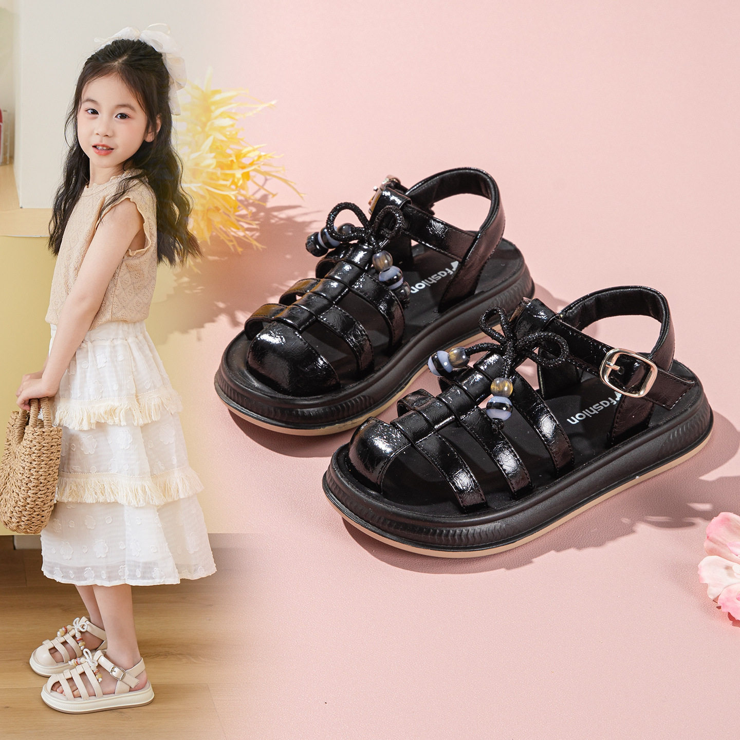 女童凉鞋夏款2026新款夏季儿童罗马鞋女孩公主鞋女宝包头大童软底