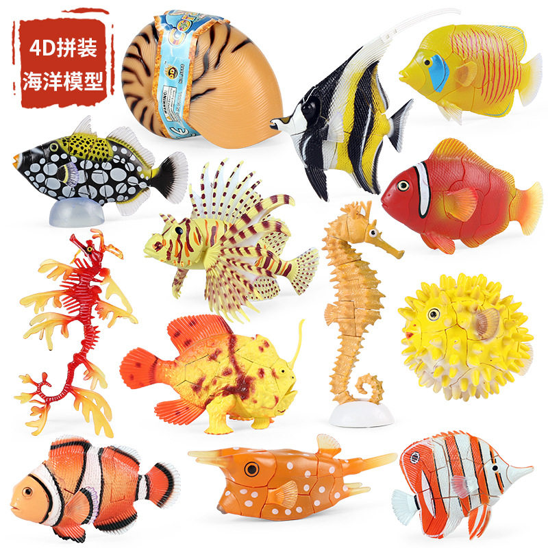仿真海洋动物4D立体拼装模型玩具鲨鱼鹦鹉螺小丑鱼鲸鱼海马螃蟹