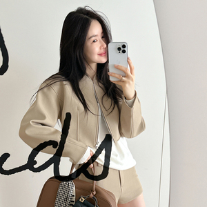 Partysu韩国代购外套女春季新款纯色气质显瘦拉链短款上衣BA3636