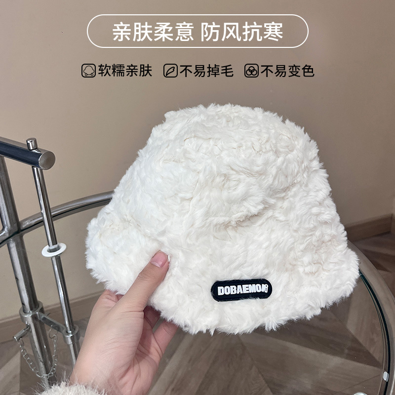 秋冬款仿兔毛黑标字母渔夫帽女水桶帽潮流款时尚百搭毛绒保暖盆帽