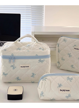 原创奶蓝色蝴蝶结化妆包便携旅行大容量化妆品收纳包拉链