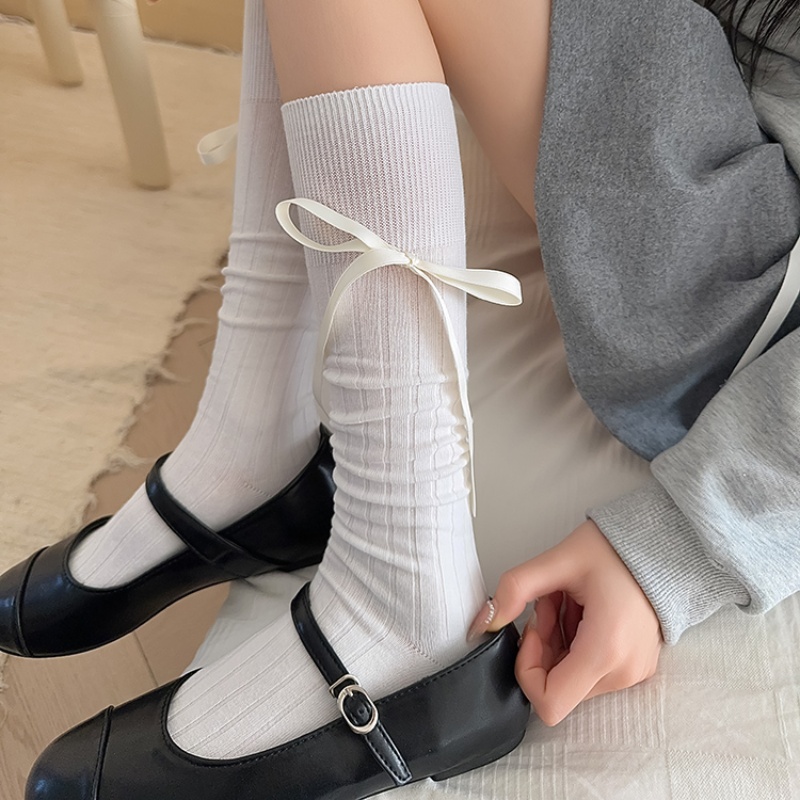 芭蕾风蝴蝶结jk长筒袜纯色小腿袜女百搭甜美少女洛丽塔袜子女