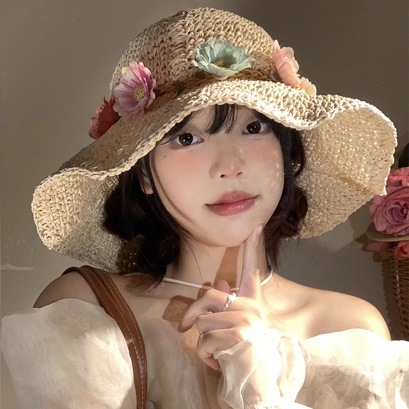 彩色花朵镂空编织草帽女夏季大帽檐遮阳防晒帽海边度假太阳帽子潮