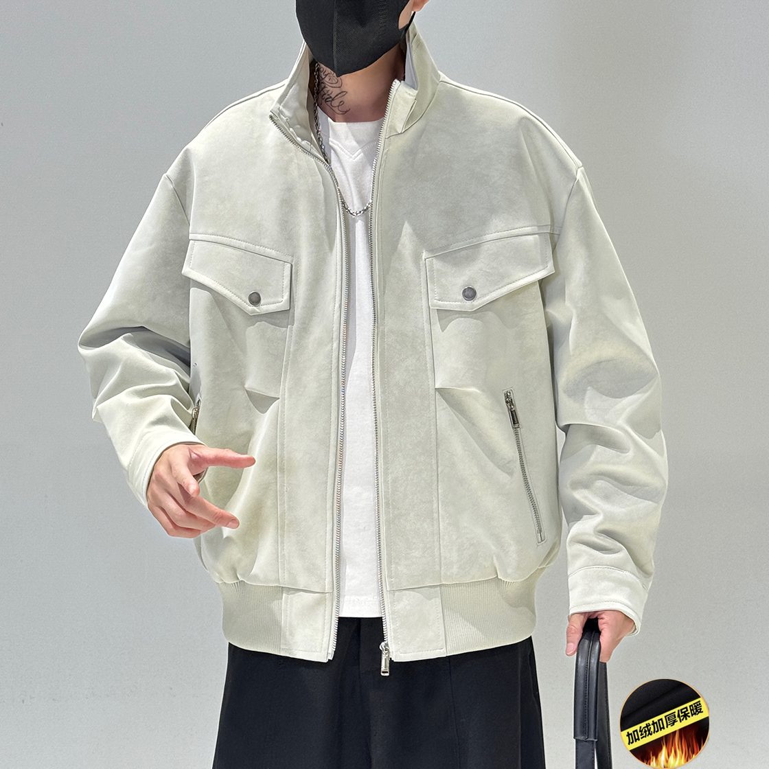 美式复古立领加绒男士皮衣夹克
