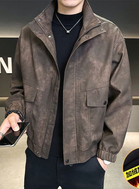 美拉德复古男士加绒皮衣外套2025秋冬款废土机车风皮夹克休闲上衣