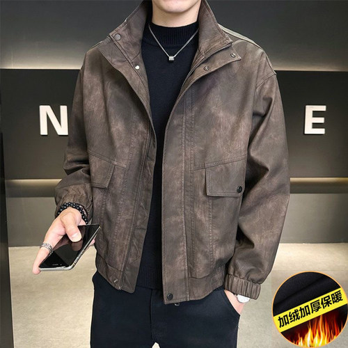 美拉德美式复古棕色皮衣夹克