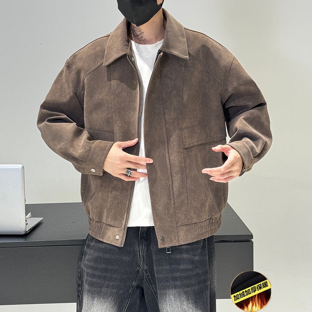 秋冬复古翻领加绒皮夹克男士