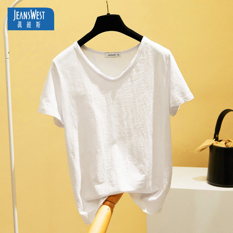 真维斯短袖T恤女2020春夏新款圆领白色上衣基础百搭打底衫女棉