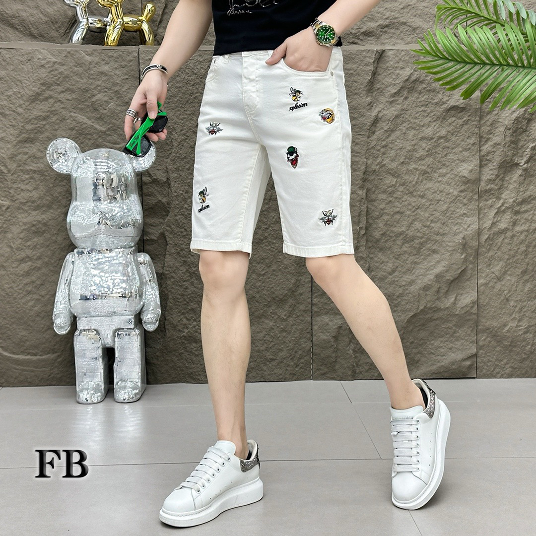 欧货夏季男士牛仔短裤白色小脚修身刺绣弹力休闲五分裤时尚中裤薄