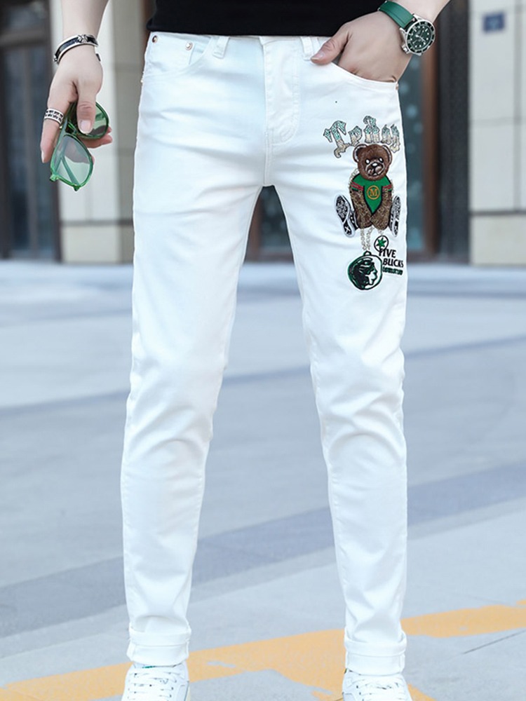 欧洲站男青年2022年春夏薄款潮牌小熊烫钻刺绣微弹修身小脚牛仔裤