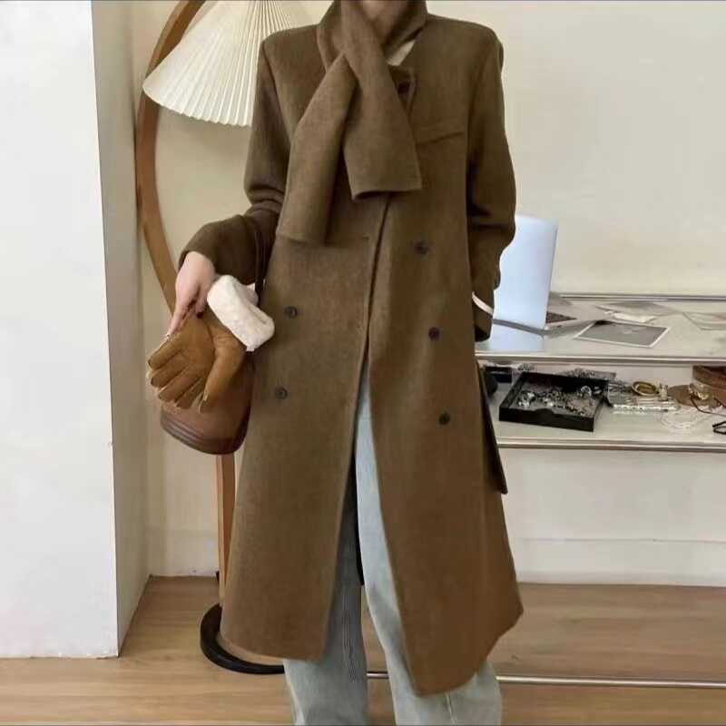 女款春秋围巾双面羊毛羊绒大衣女长款赫本风双排扣毛呢外套新款