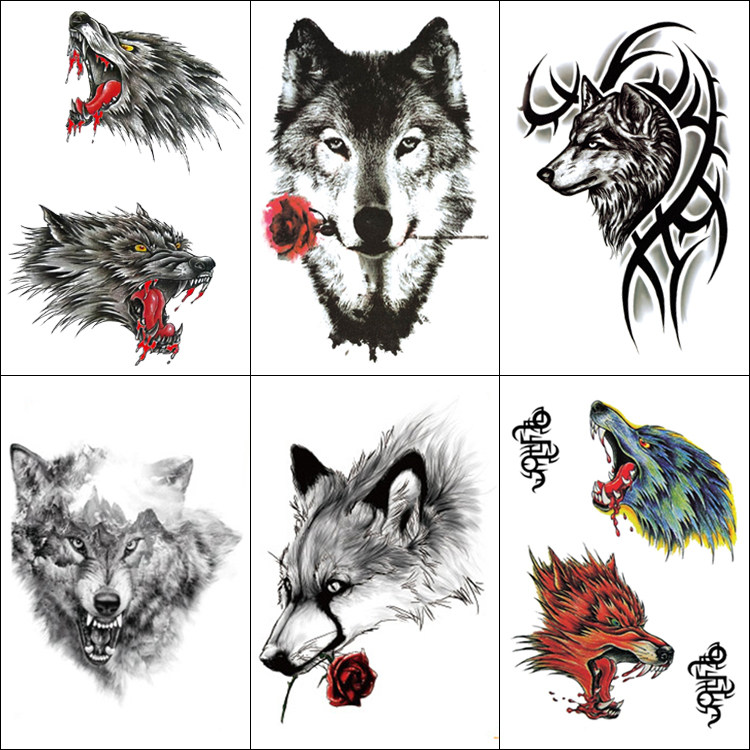 凶恶滴血狼头玫瑰狼头大花臂防水仿真持久刺青霸气胸口手臂纹身贴