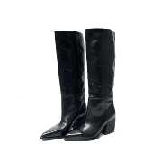 雪密欧做旧水洗马皮尖头高筒时装 靴女新款 黑色高跟气质长筒骑士靴