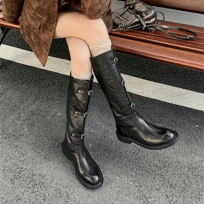 雪密欧新款高端复古做旧水洗马皮长筒骑士靴女时尚粗跟不过膝长靴