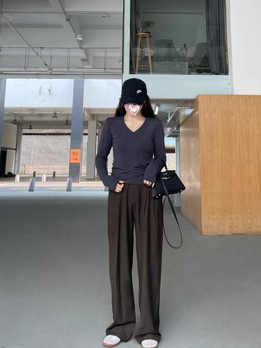 t恤女秋高弹v领显瘦打底长袖上衣