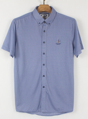 比*利BL 夏款 男士  透气舒适  竖条 蓝色 商务休闲短袖衬衫04113