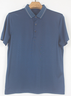 25新款夏款真丝桑蚕丝男士翻领不易皱深蓝色商务休闲短袖T恤06121