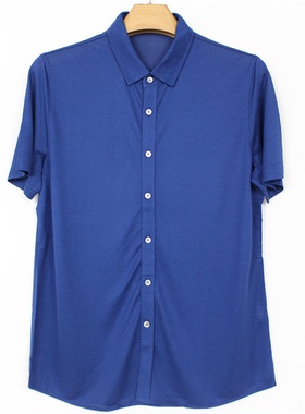 真丝 桑蚕丝 夏款 商务 蓝色 男士 短袖针织衬衫07191