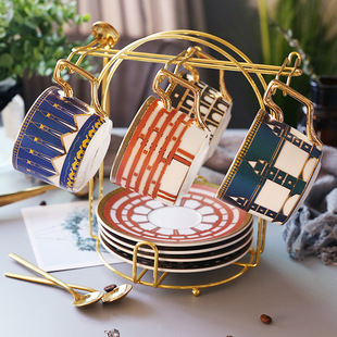 高档金边陶瓷咖啡杯碟带勺带挂架Luxury Ceramic Coffee Cups Set