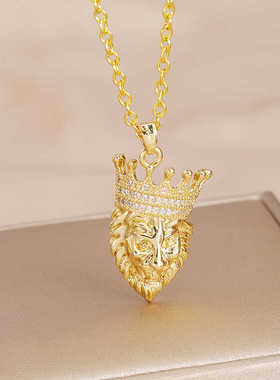 钛钢霸气镶钻狮头王冠项链高端精致时尚女锁骨链衬衫百搭吊坠配饰