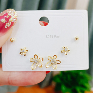 日韩气质花朵耳钉镀金镶嵌6件套装多耳洞耳环简约小清新学生耳饰