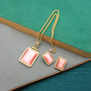 中古珠宝款无事牌粉色猫眼石吊坠项链耳钉小众设计镀金高级感套装