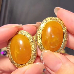 欧美法产果冻琉璃古董首饰黄色云纹琉璃打标耳钉做工细腻简约小众