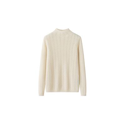 纯山羊绒半高领挑孔女套衫