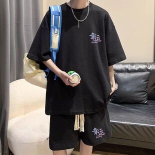 运动套装ins新款短袖t恤男女潮流青少年印花T时尚男装bf