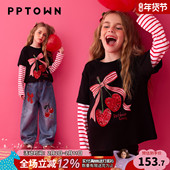 黑色女童打底衫 T恤中大童假两件上衣 儿童樱桃印花长袖 秋冬季 新款